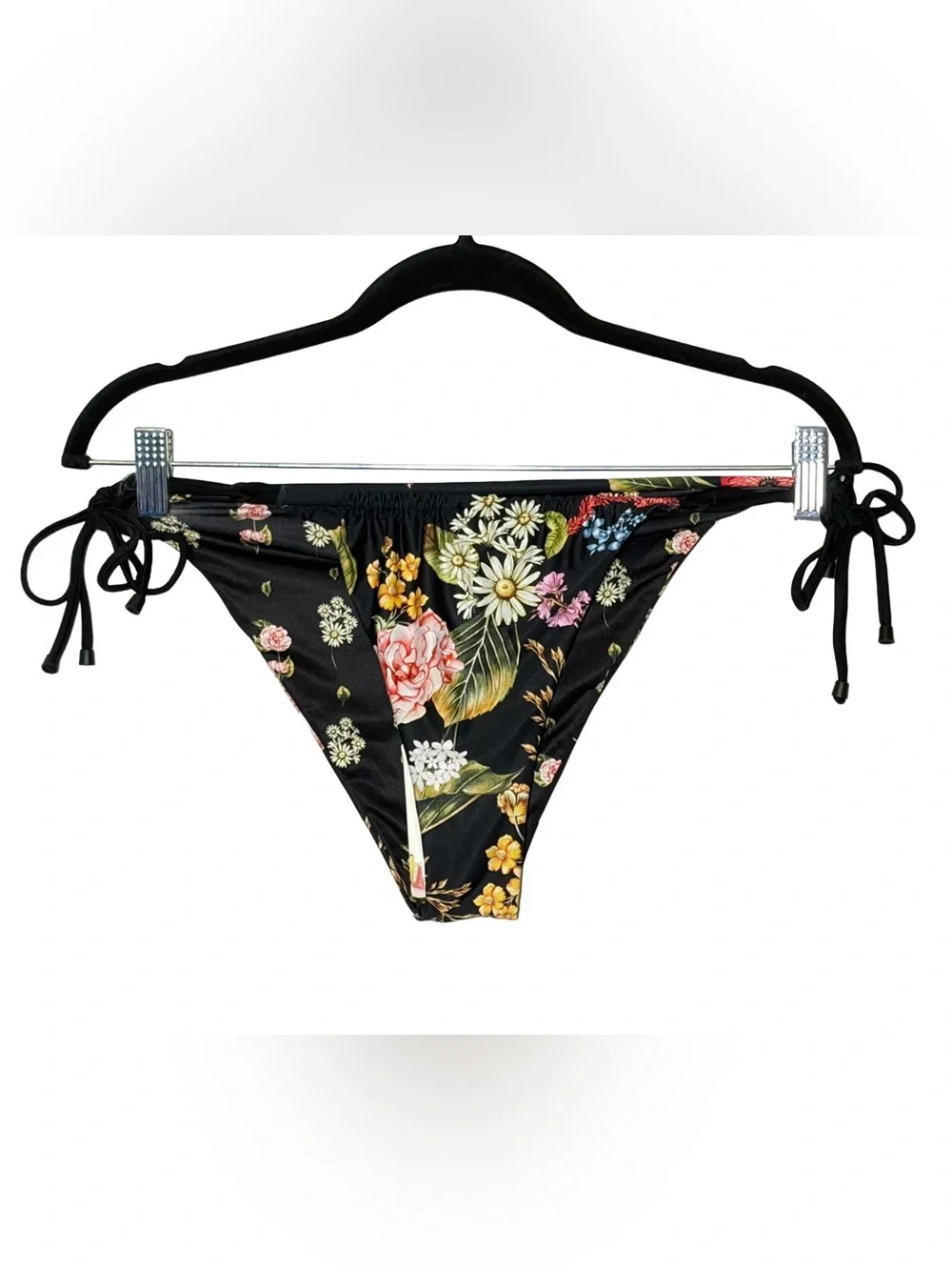 NWT Agua Bendita Floral Side-Tie Bikini Bottoms in Black Botanical Print Size XL